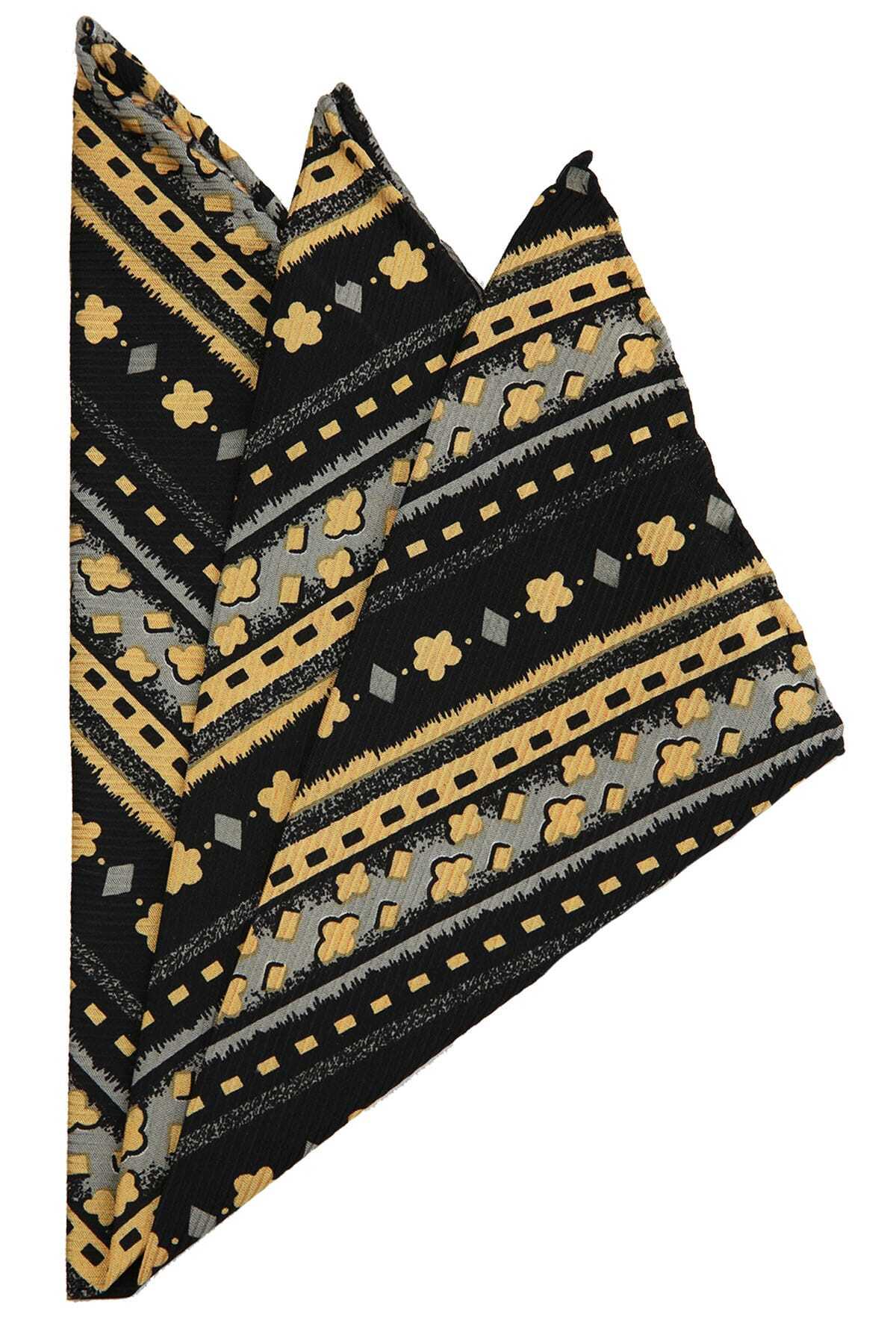 La Pescara Erkek Sarı - Siyah Motif Baskılı İpek Mendil SPS375 KRVT8690002221751