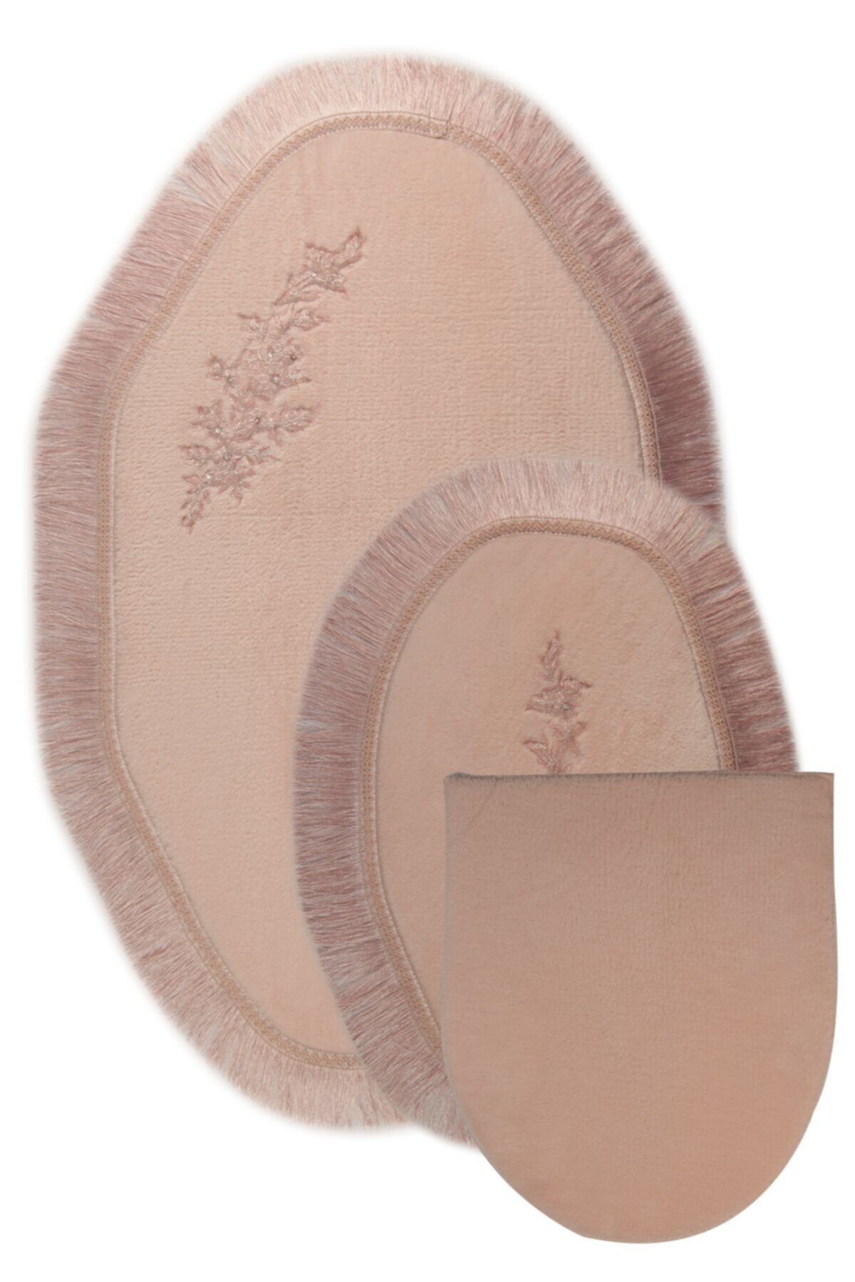 Bonny Home London Pudra 3lü Dantelli Klozet Takımı Çeyizlik Banyo Halısı Paspası Seti