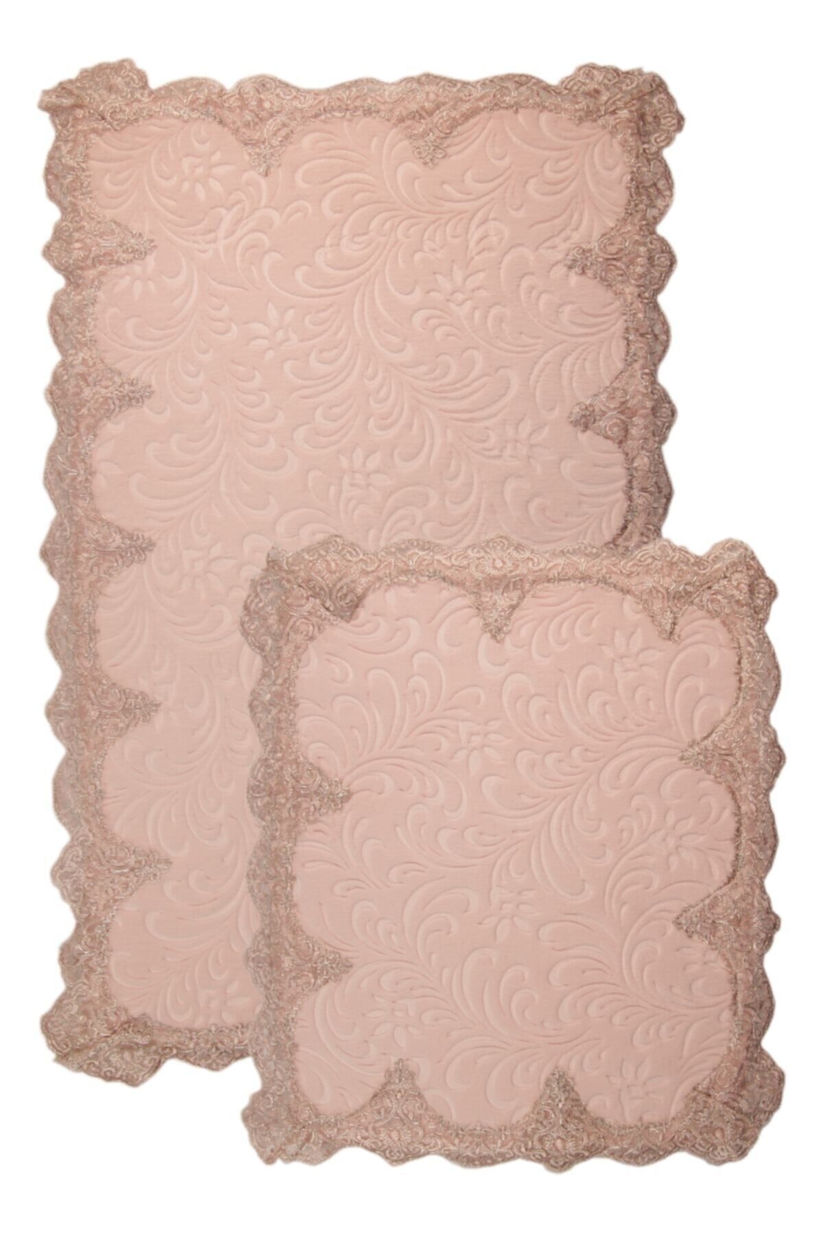 Bonny Home Peluş Lux Köşeli Pudra 2li Dantelli Klozet Takımı Çeyizlik Banyo Halısı Paspası Seti