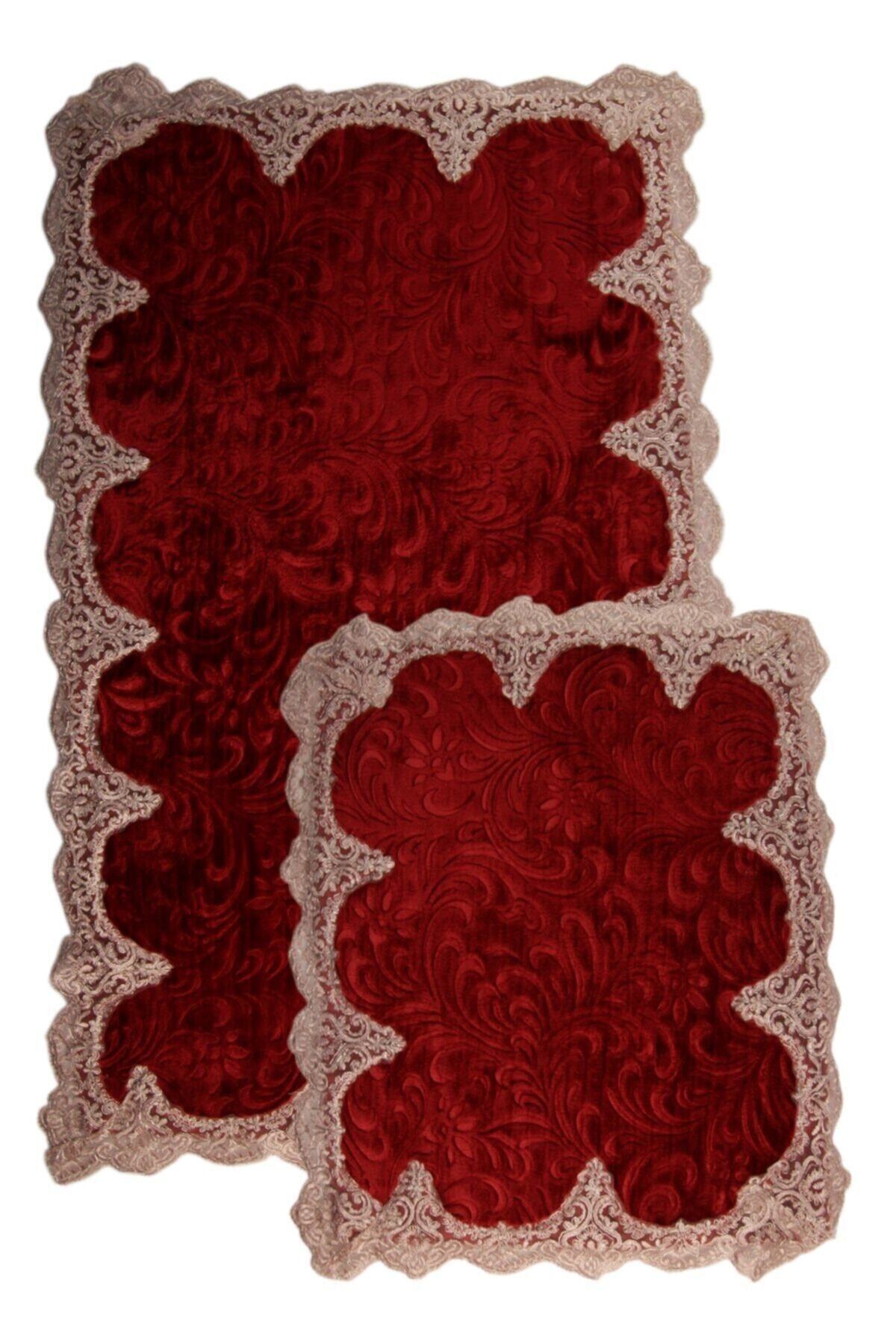 Bonny Home Peluş Lux Köşeli Bordo 2li Dantelli Klozet Takımı Çeyizlik Banyo Halısı Paspası Seti