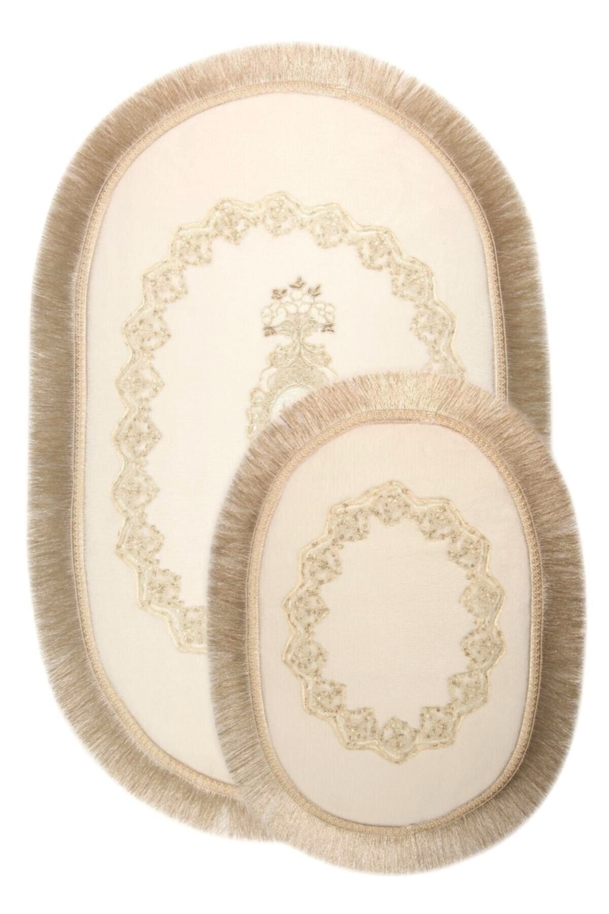 Bonny Home Exclusive Oval Krem Püsküllü 2li Klozet Takımı Çeyizlik Banyo Halısı Paspası Seti