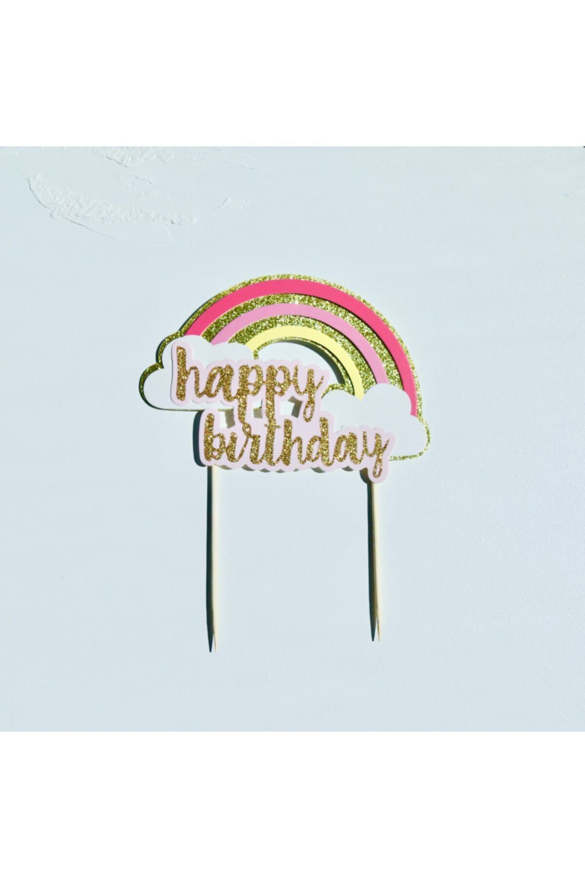 Pembe Kaktüs Happy Birthday Yazılı Pembe Gökkuşağı Şeklinde Pasta Süsü