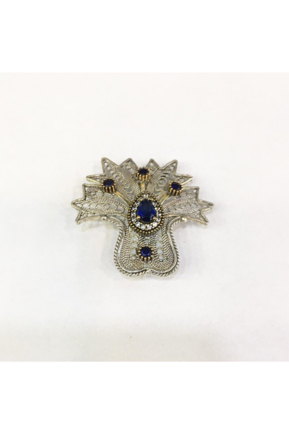 Tmt Silver Gümüş Telkari Kök Safir Taşlı Çiçek Broş