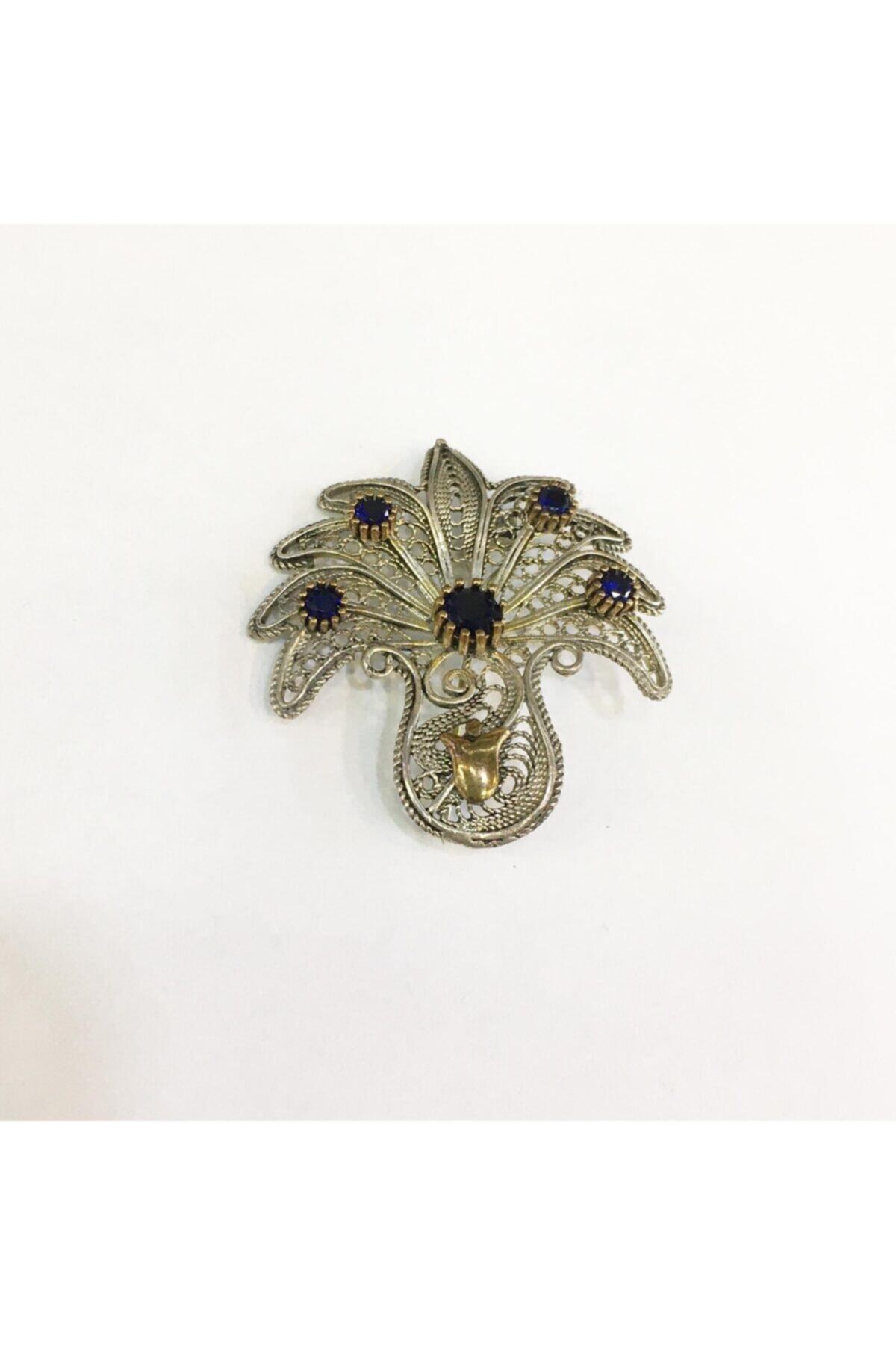 Tmt Silver 925 Ayar Gümüş Telkari Kök Safir Taşlı Çiçek Broş