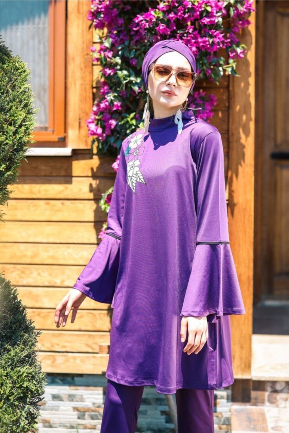 Marina Kolları Volanlı Likralı Tam Kapalı Tesettür Mayo M2008 Mor