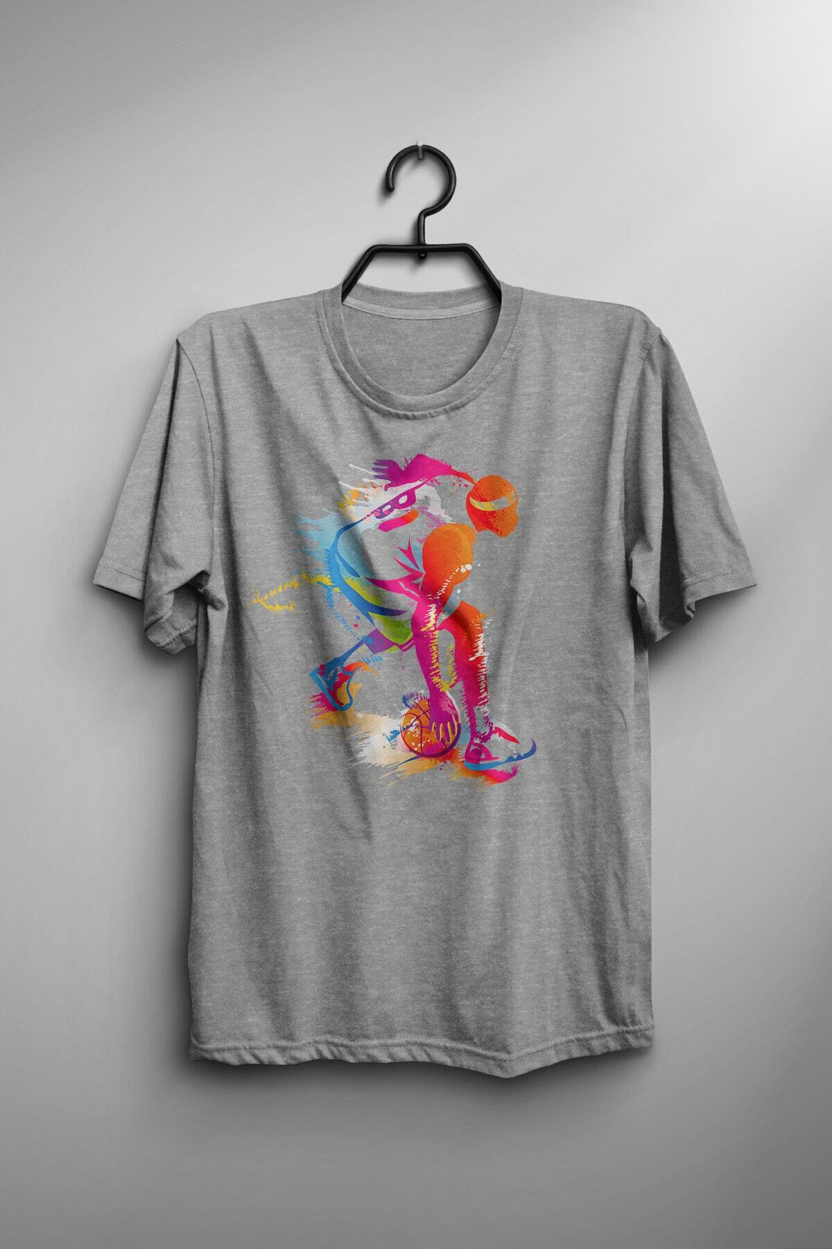 GrafikModa Erkek Gri Basketbol Grafik Baskı Tişört