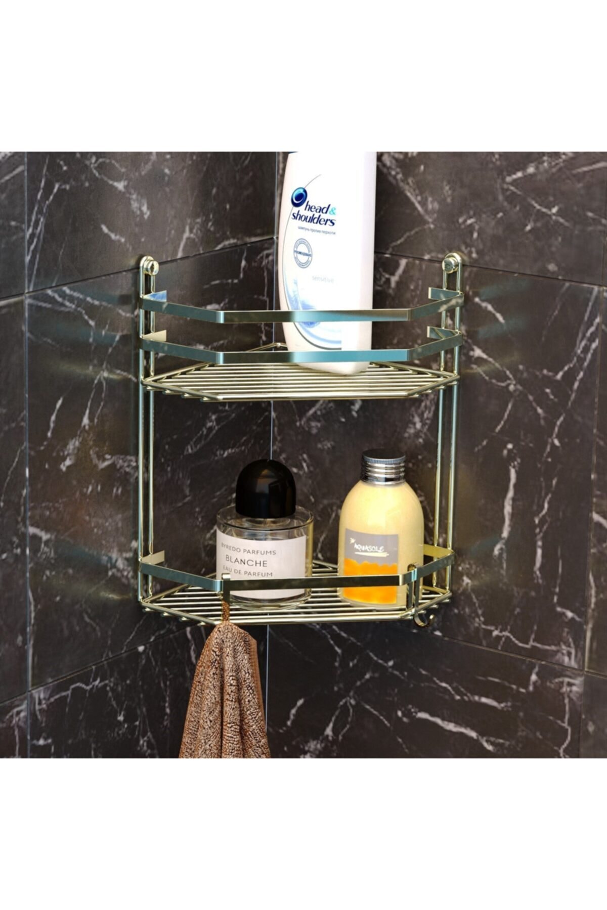 Teknotel Gold İki Katlı Kancalı Banyo Köşe Rafı