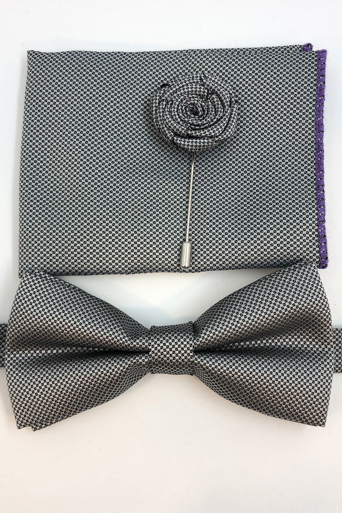 Quesste Accessory Erkek Gri Armür Desenli Papyon Mendil Yaka Iğneli 3'lü Takım Set
