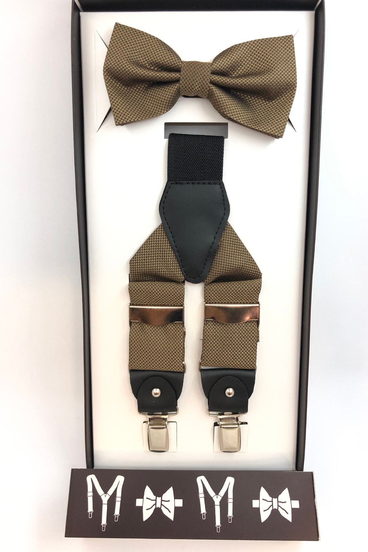 Quesste Accessory Erkek Altın Armürlü Gold Metal Klipsli Pantolon Askısı Ve Papyon Set