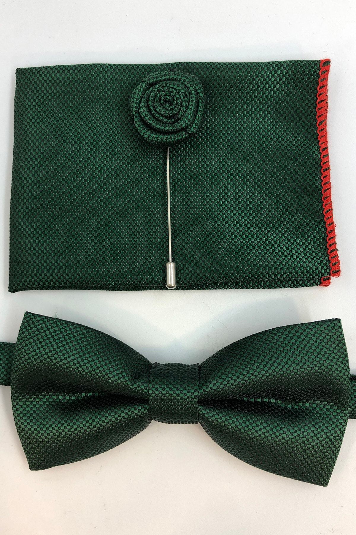 Quesste Accessory Koyu Yeşil Armür Desenli Papyon Mendil Yaka Iğneli 3'lü Takım Set