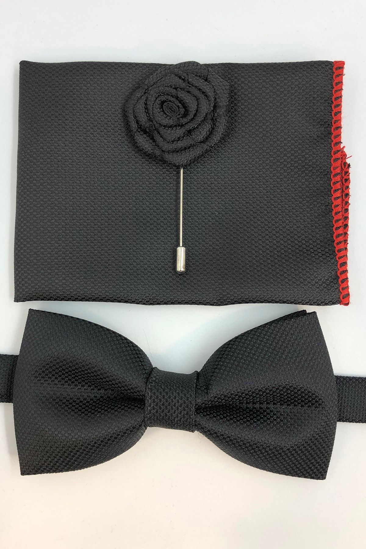 Quesste Accessory Siyah Armür Desenli Papyon Mendil Yaka Iğneli 3'lü Takım Set