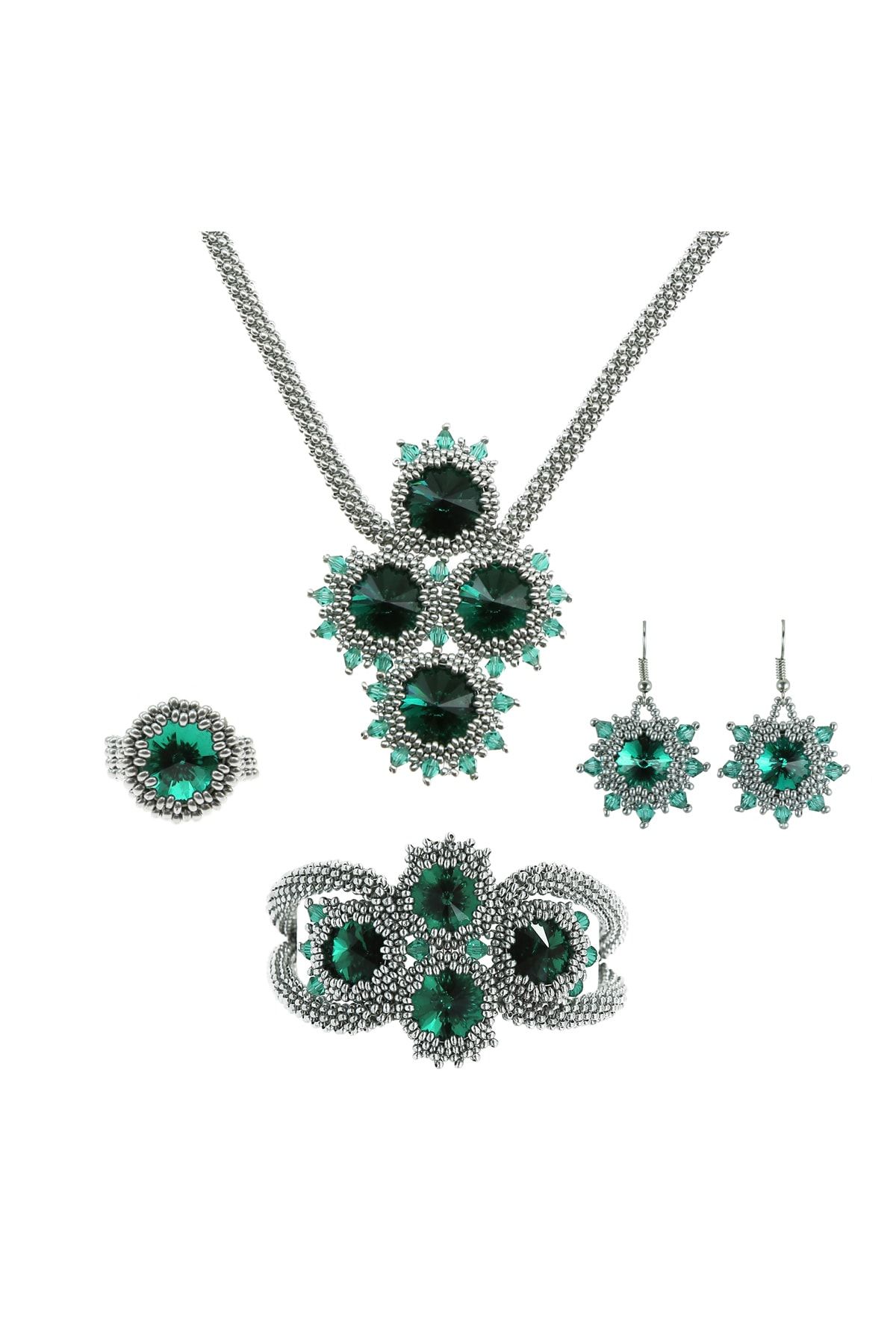 Mavra Handmade Yeşil Taşlı Abiye Kolye Yüzük Küpe Bileklik Takı Seti