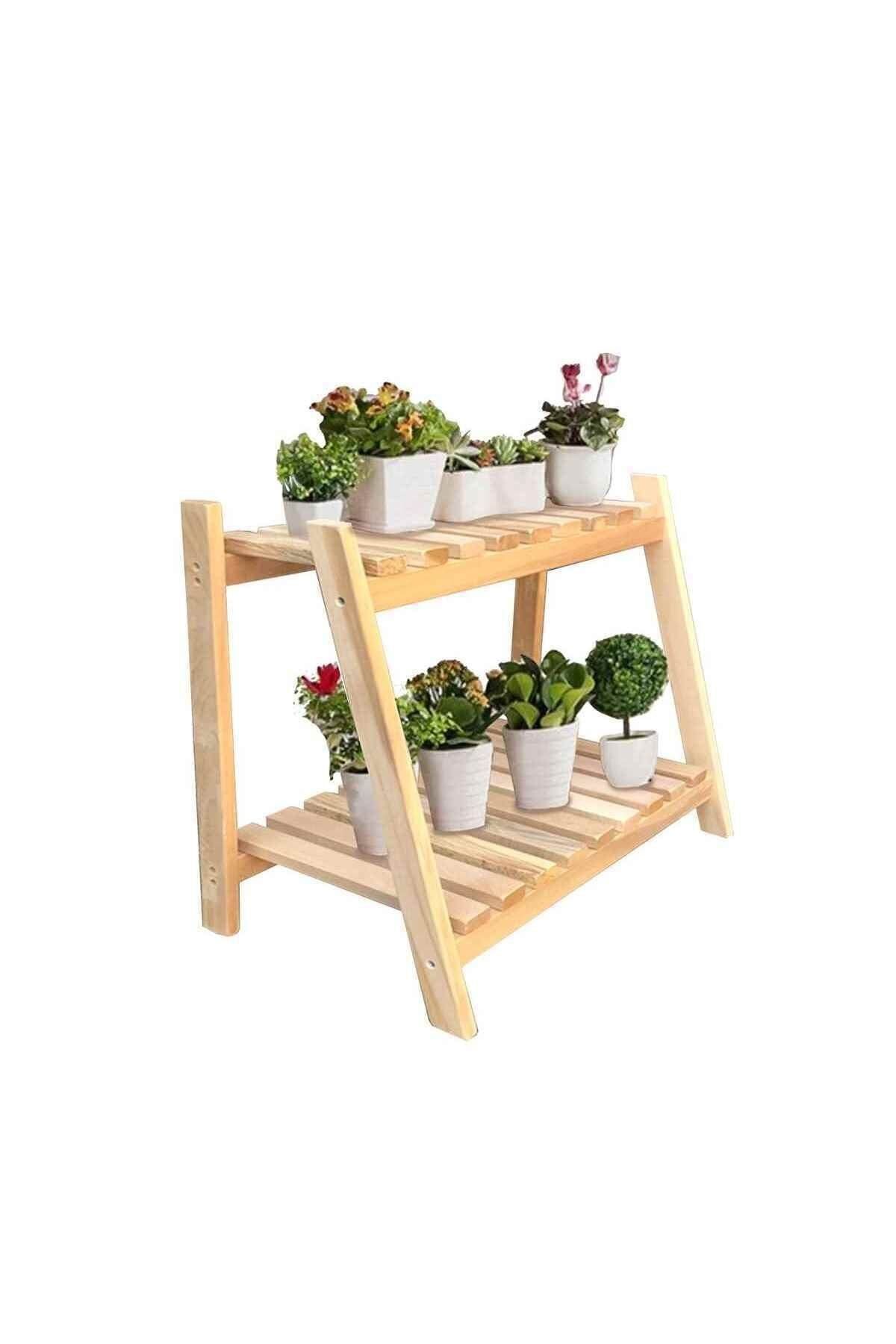 Woodenly Rustik Ahşap 2 Katlı Saksılık Çiçek Standı