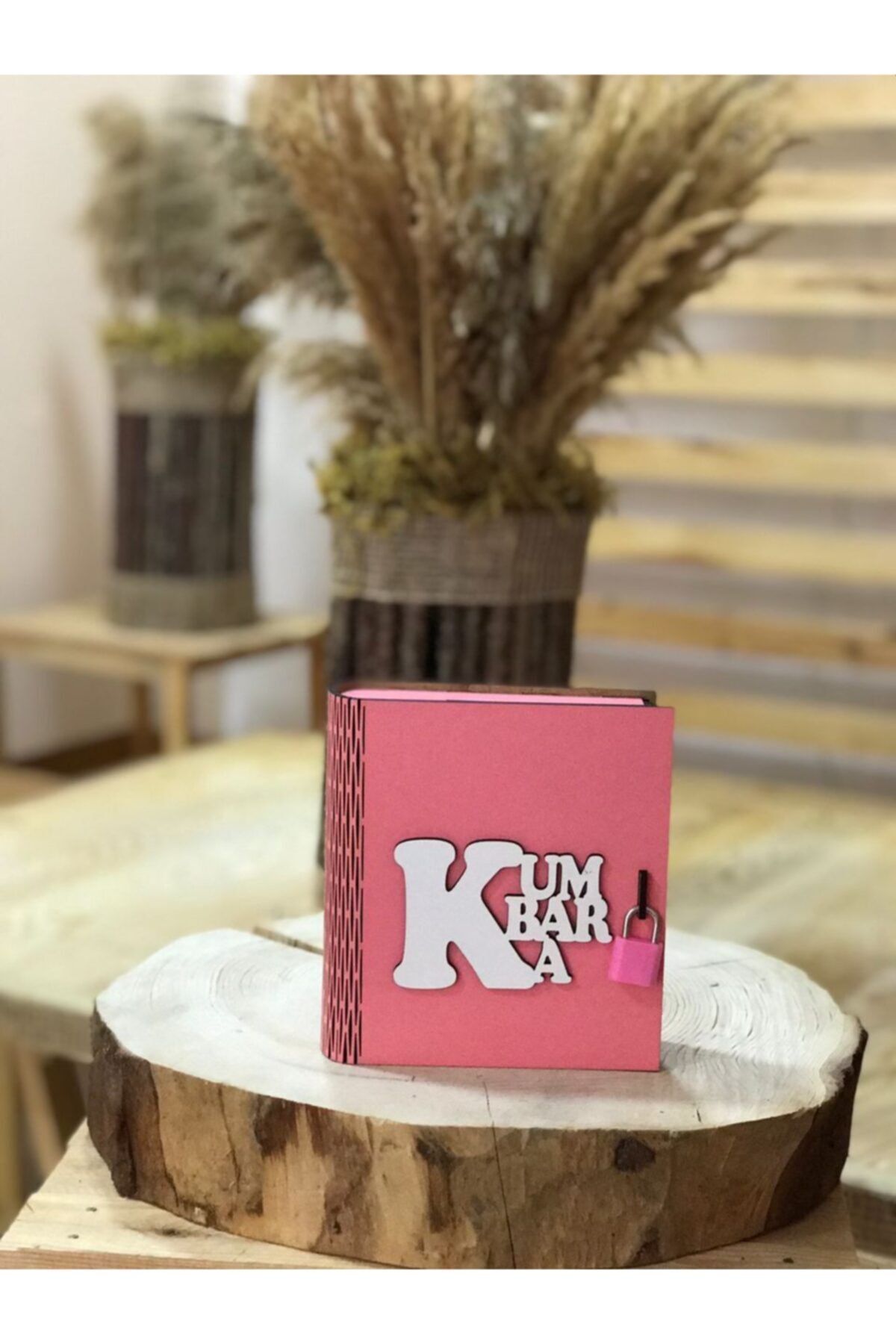 Natural Tasarım Pembe Ahşap Kitap Kumbara