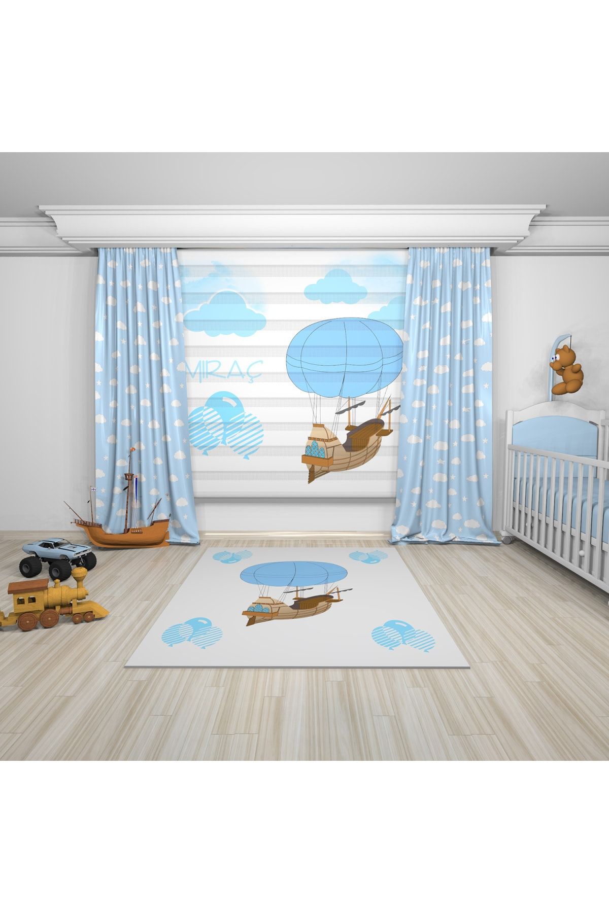 Kuşcu Tekstil Mavi Beyaz Bulut Ve Yıldız Desenli Baskılı Bebek Odası Fon Perde