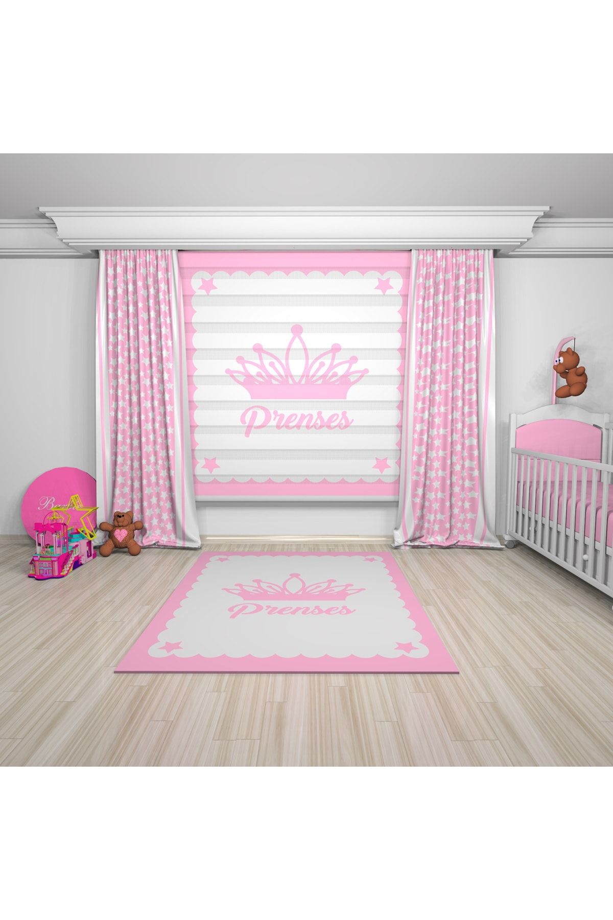 Kuşcu Tekstil Yanlar Şerit Beyaz Yıldızlar Desenli Baskılı Bebek Odası Fon Perde