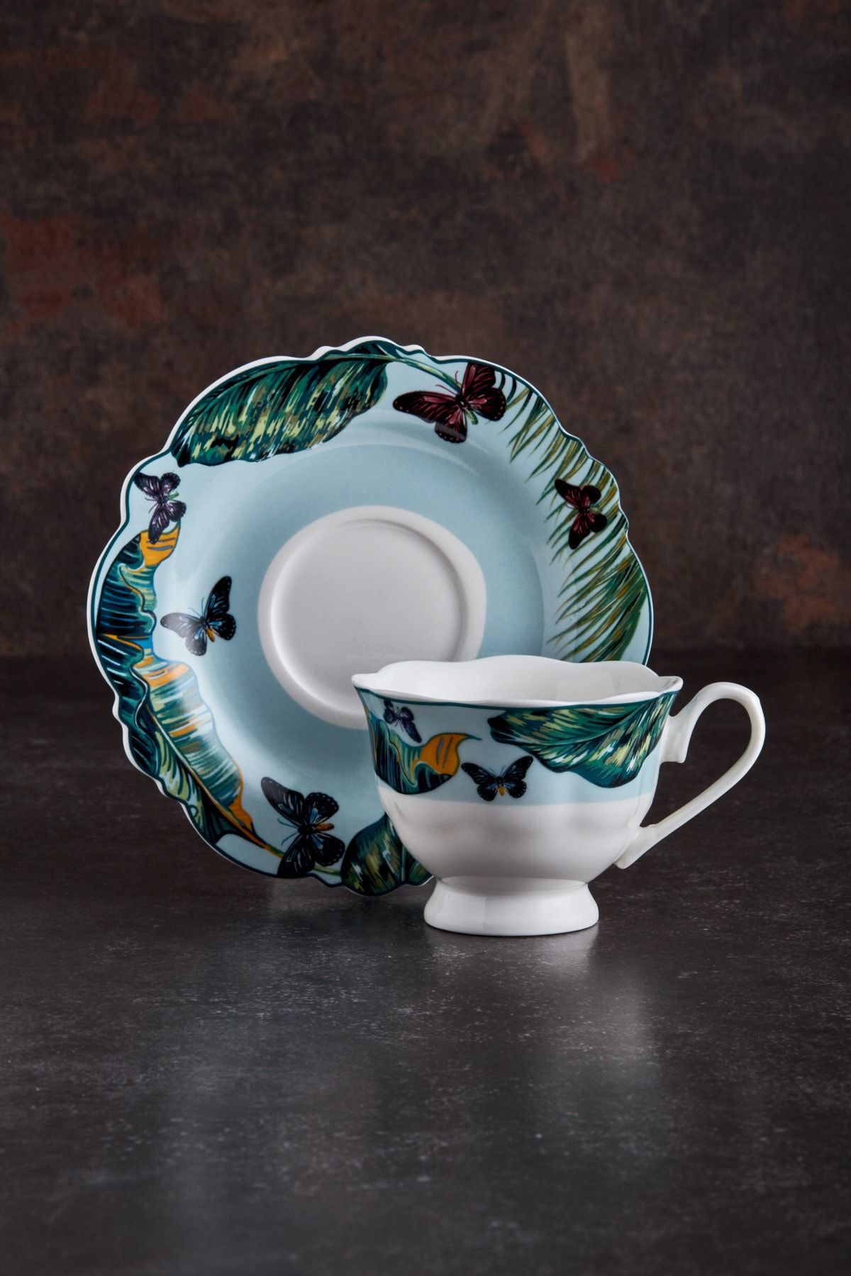 DANIA GLASSWARE Renkli Kelebek Desenli  6 Kişilik Fincan Takımı