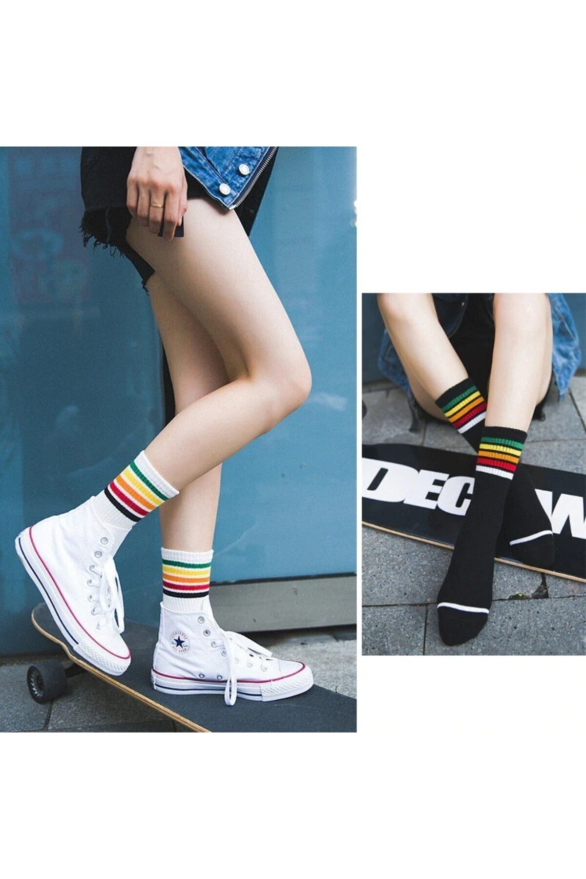 çorapmanya 4 Çift Kadın Kolej Siyah Beyaz Çizgili Tenis Çorabı