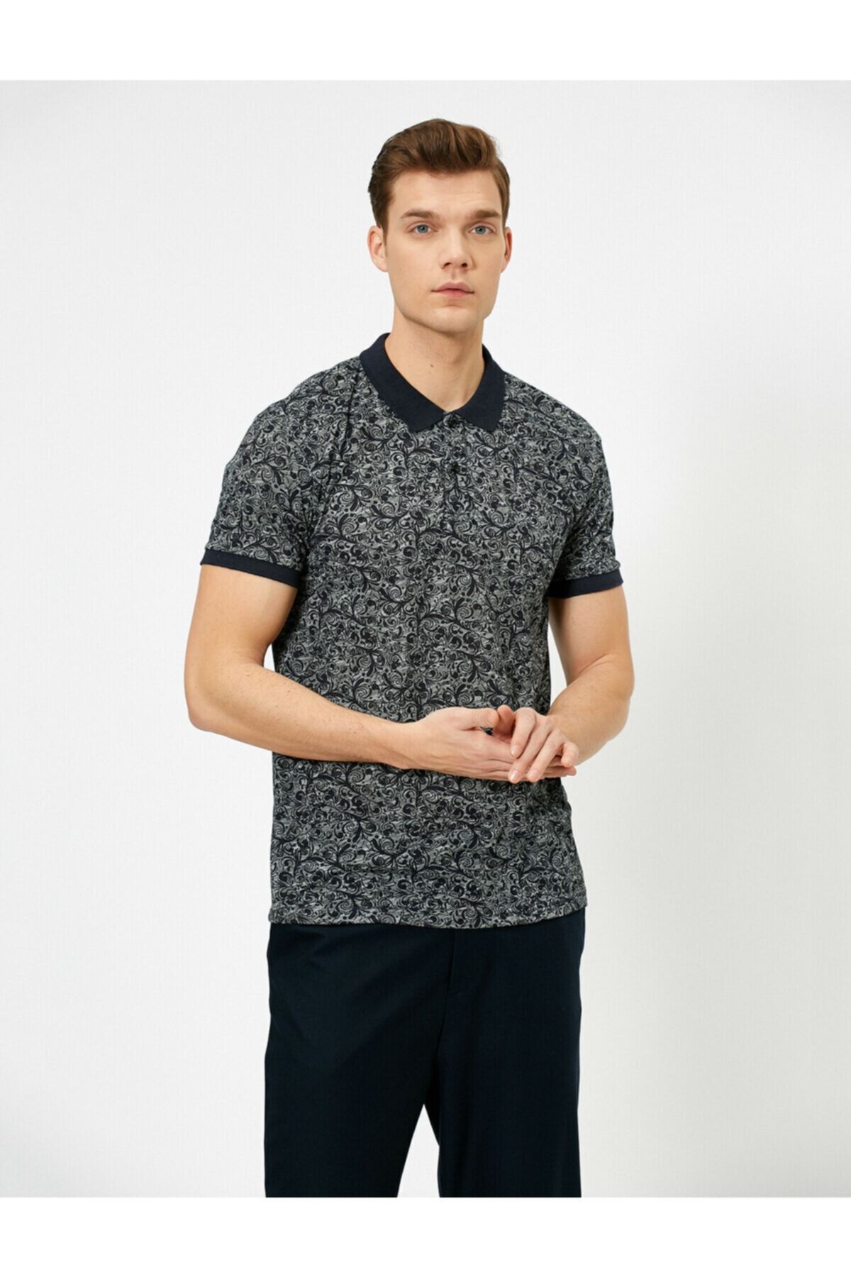 Koton Erkek Lacivert Polo Yaka Çiçek Desenli Flamli Kumaş Slim Fit T-shirt