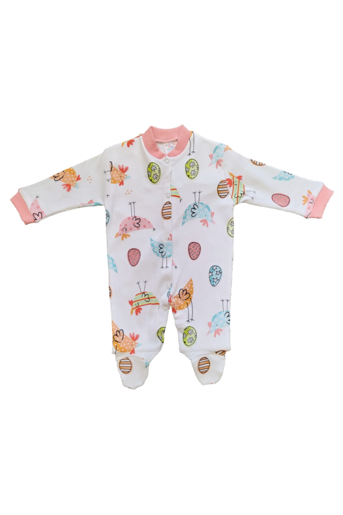 Seçkin Baby Şkr Renkli Tavuk Ve Yumurta Baskılı Çıtçıtlı Patikli Kız Ve Erkek Bebek Tulum Takımı
