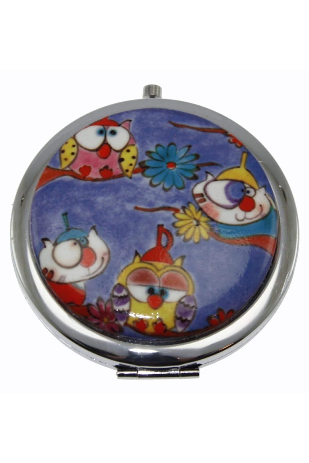 OTANTİK ÇİNİ Ağaçda Hunili Kedi Baykuş Ailesi Çanta Aynası 7x7 Cm Dir.