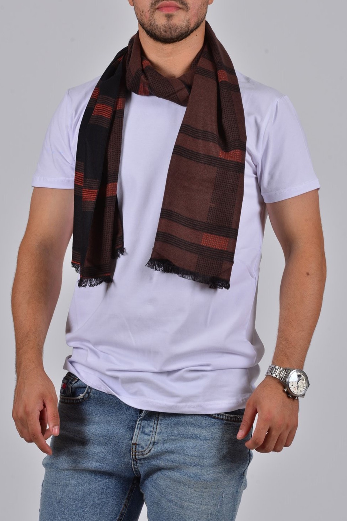 Gezgin tekstil ve aksesuar Erkek Kahverengi Ekose Desenli Atkı