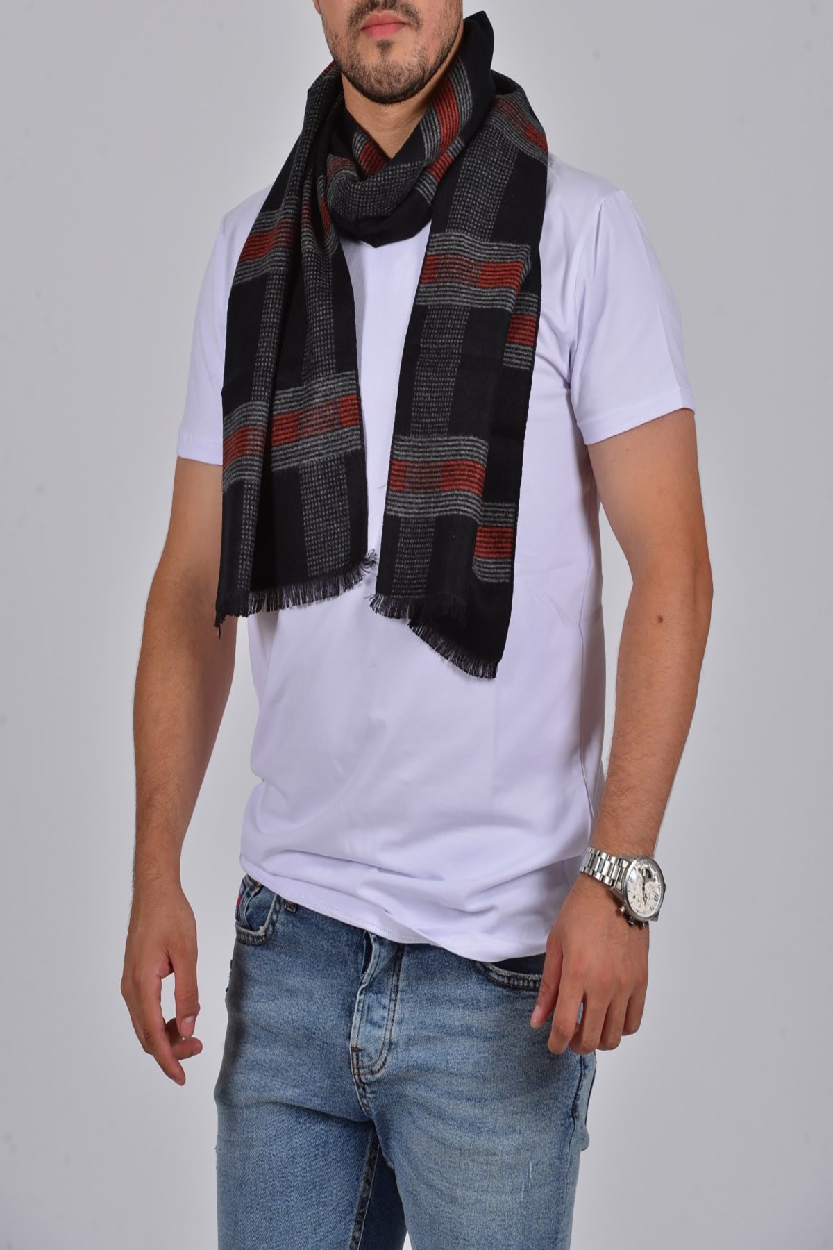 Gezgin tekstil ve aksesuar Erkek Gri Ekose Desenli Atkı