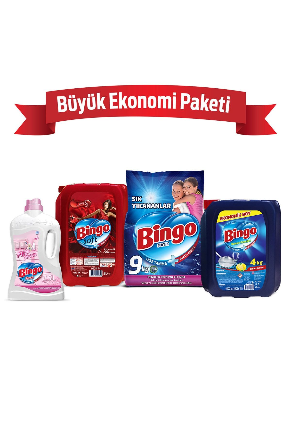 Bingo Toz Çamaşır Deterjanı 9 kg + Yumuşatıcı 5 lt Lovely+Bulaşık Sıvısı 4 kg+Yüzey Temizleyicisi 2,5 lt