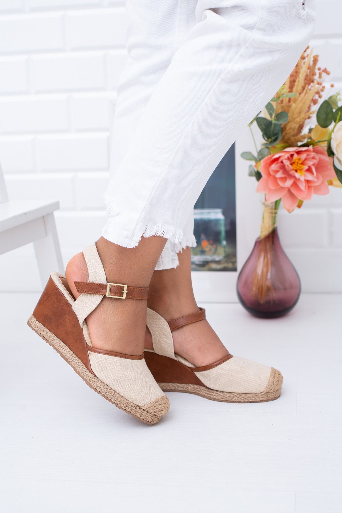 Moda Değirmeni Taba-hasır Keten Kadın Dolgu Topuklu Ayakkabı Md1013-120-0004