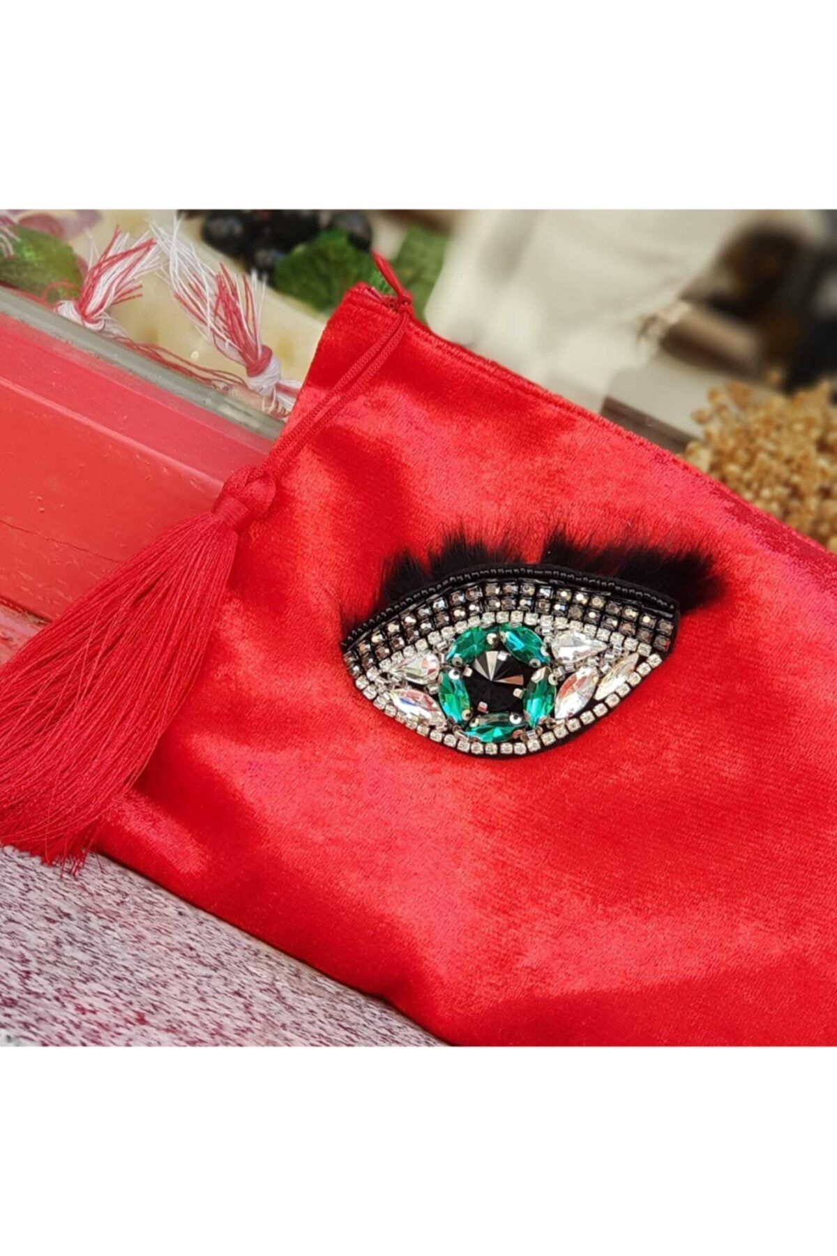 LUCKY MAMAS Kırmızı Rosso Model Kristal Cam Taşlı Broş Detaylı Kadife Abiye El Çantası