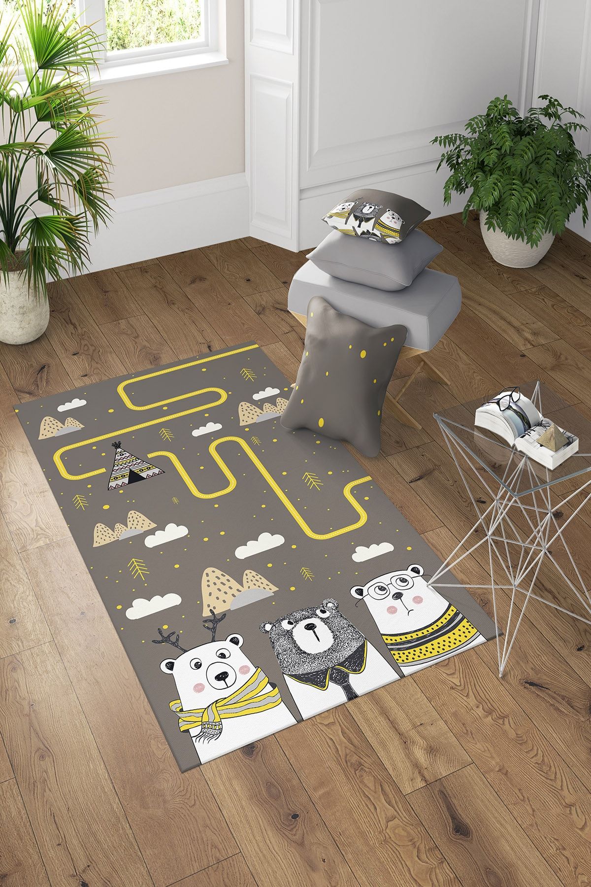 GARDENYA HOME Beyaz Gardenya Bohem Ayılar Ve Sarı Yol Çocuk Odası Halısı