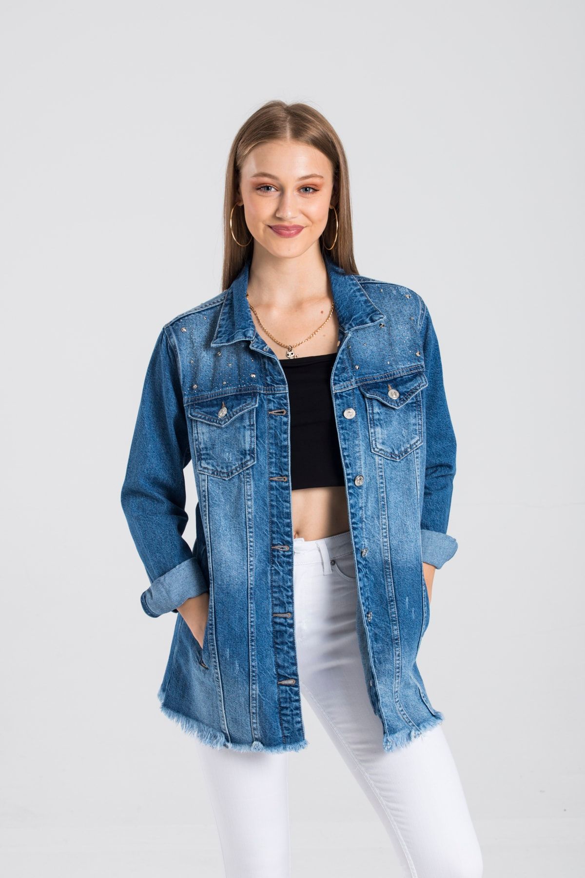 Lacarino Jeans Ceket Puskullu Tasli Hafif Yirtik Detayli Koyu Mavi Boyfriend Kot 5129 Trendyol