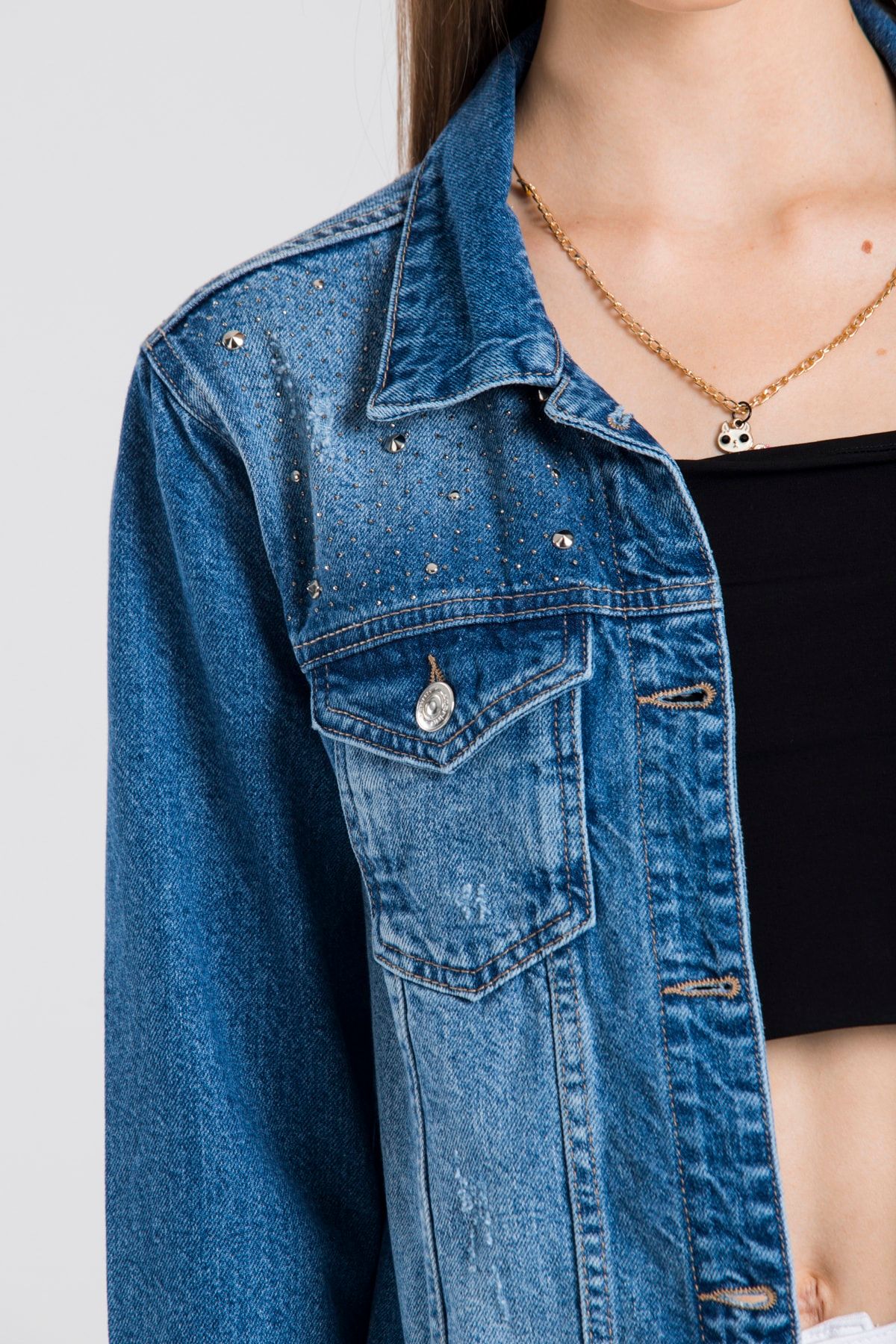 Lacarino Jeans Ceket Puskullu Tasli Hafif Yirtik Detayli Koyu Mavi Boyfriend Kot 5129 Trendyol