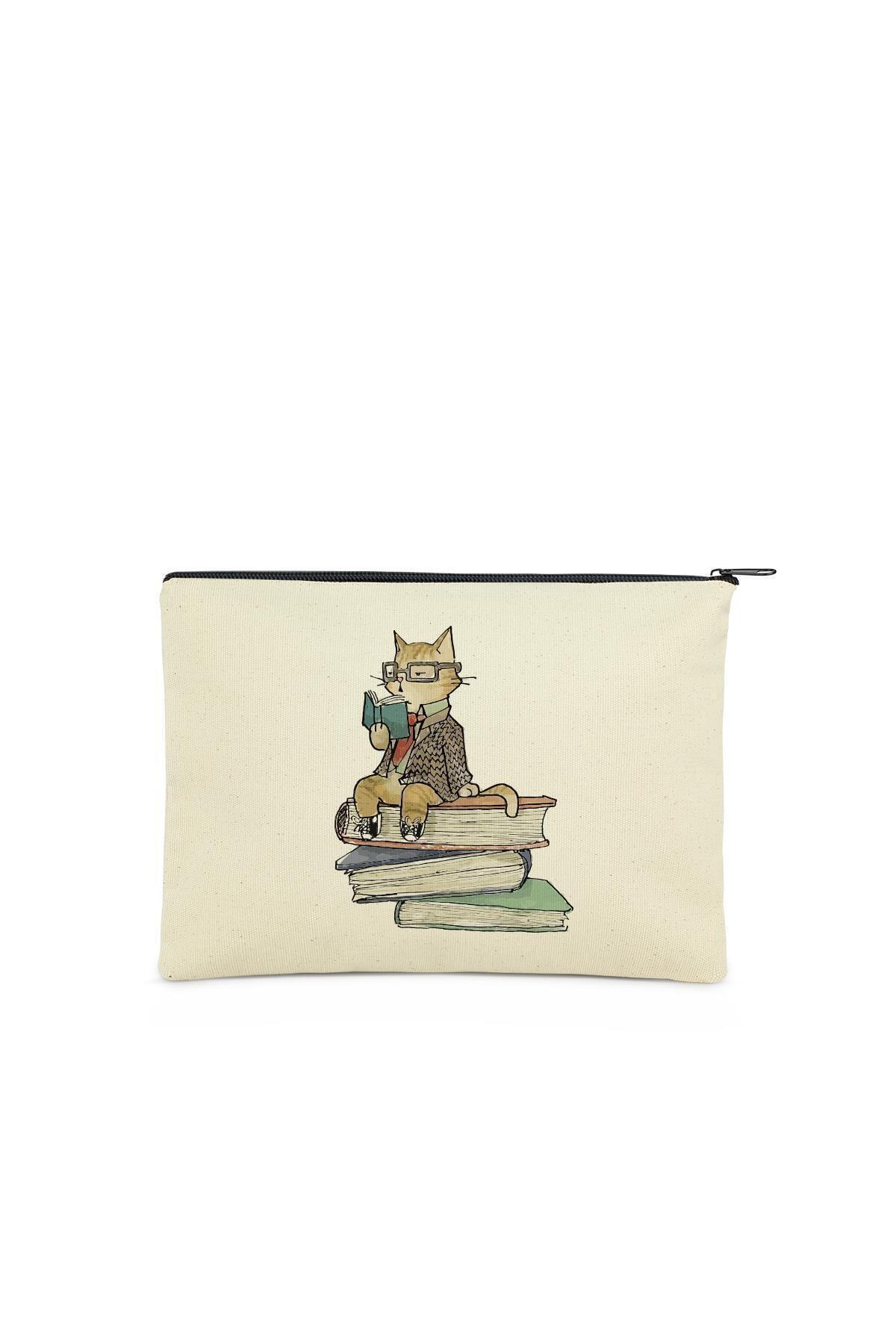 Çınar Bez Çanta Clutch Kitap Okuyan Kedi Kanvas Makyaj Çantası