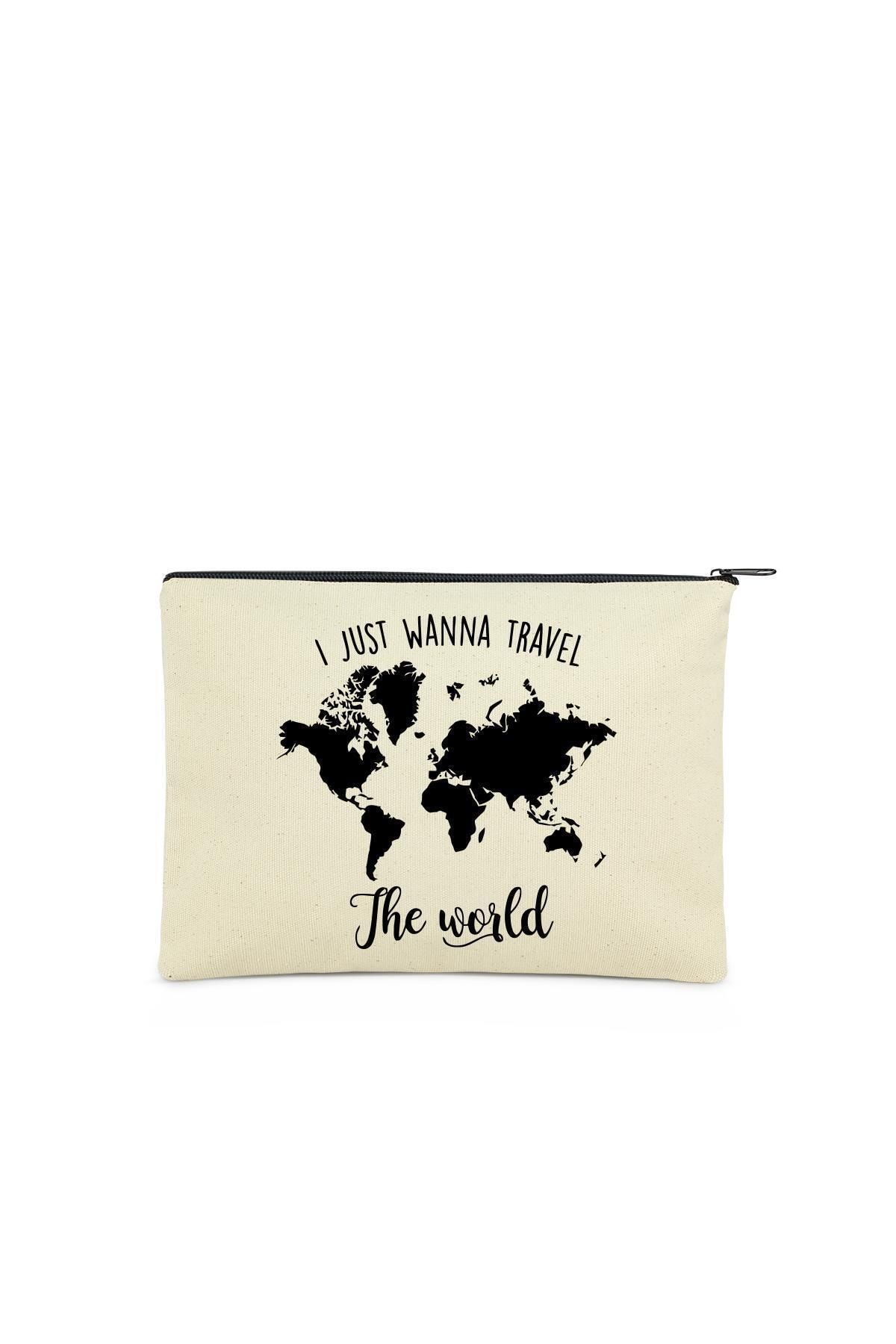 Çınar Bez Çanta Clutch I Jus Wanna Travel Kanvas Makyaj Çantası