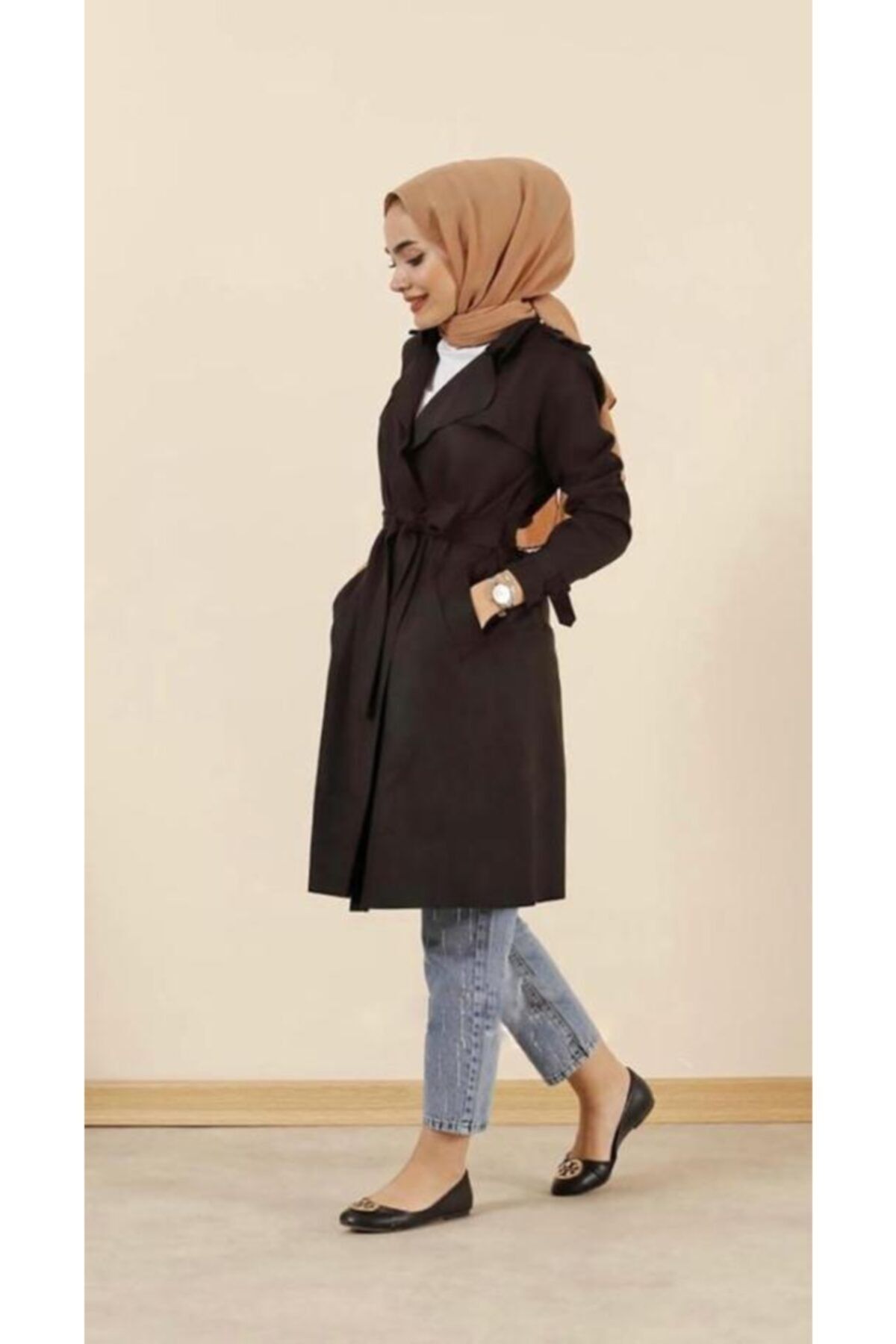 Moda Bu Kadın Siyah Tesettür Süet Trençkot