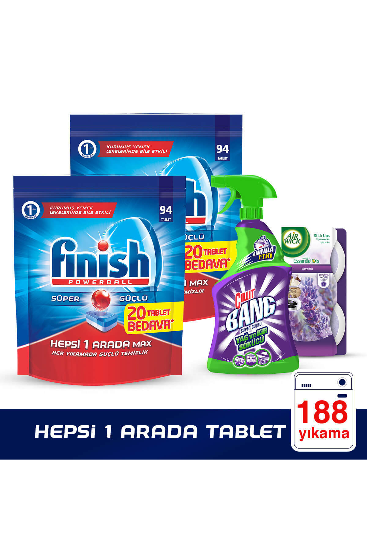 Finish H1A 94x2 Tablet + Cillit Bang Yağ ve Kir Sökücü 750 ml Airwick Stick Up 2'li Lavanta
