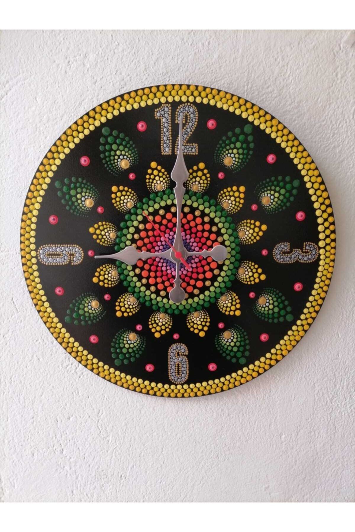 GÜNEŞ LAZER Mandala Tablolu Duvar Saati Yuvarlak Tuval Üstüne Kabartma Tekniği Ile El Yapımı