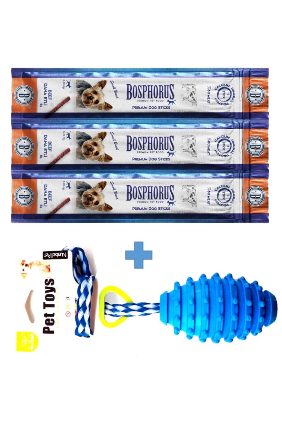 AMORE Köpek Zilli Top Dişlik Oyuncak + Dog Sticks With Beef Sığır Etli Küçük Irk Ödül Çubukları 3lü