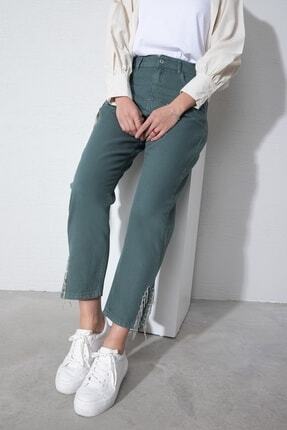 Paçası Yırtmaç Ve Taş Detaylı Denim Pantolon Yeşil Image 0