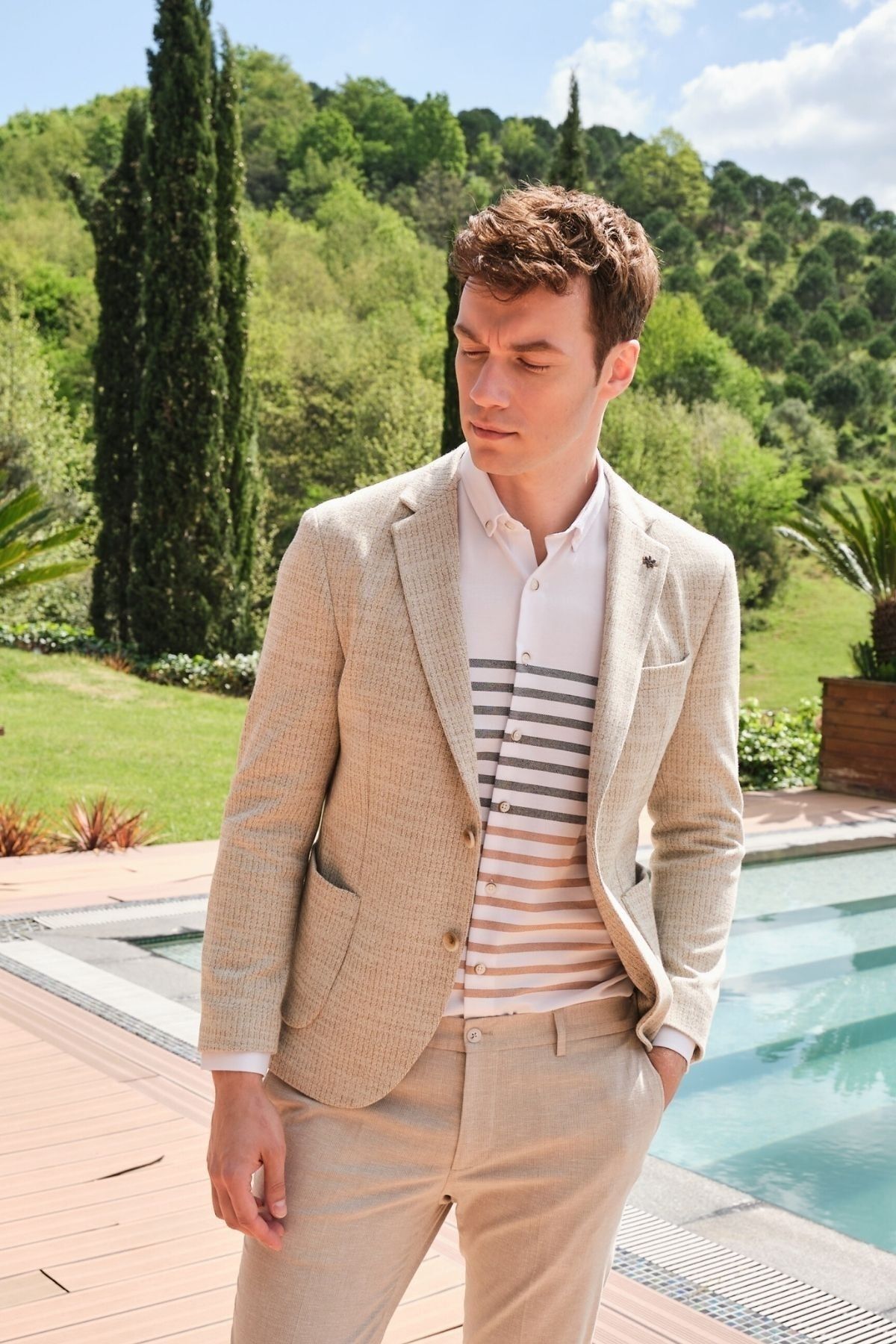 Morven Men s Beige Cotton Patterned Knitted Slim Fit Jacket Trendyol