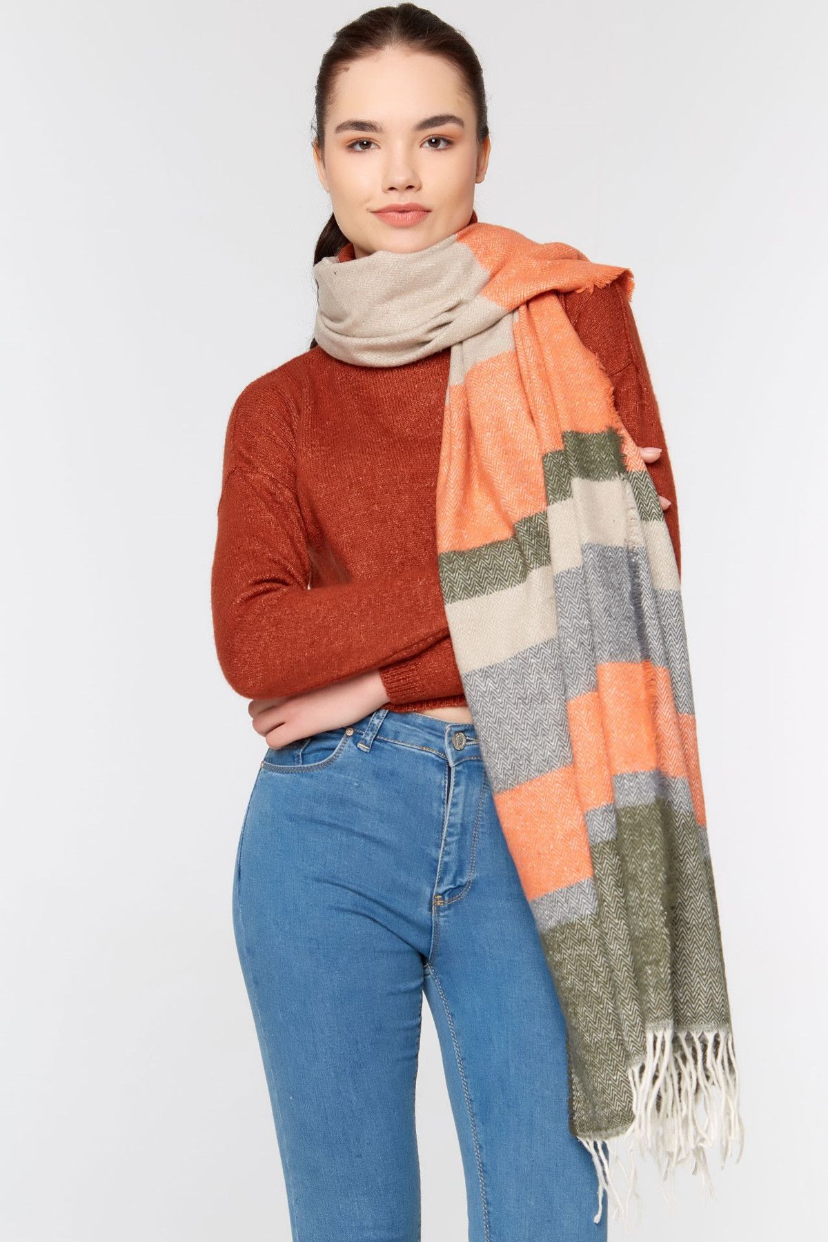 Fulla Moda Kadın Turuncu Çizgili Şal 19KAKS3538116671