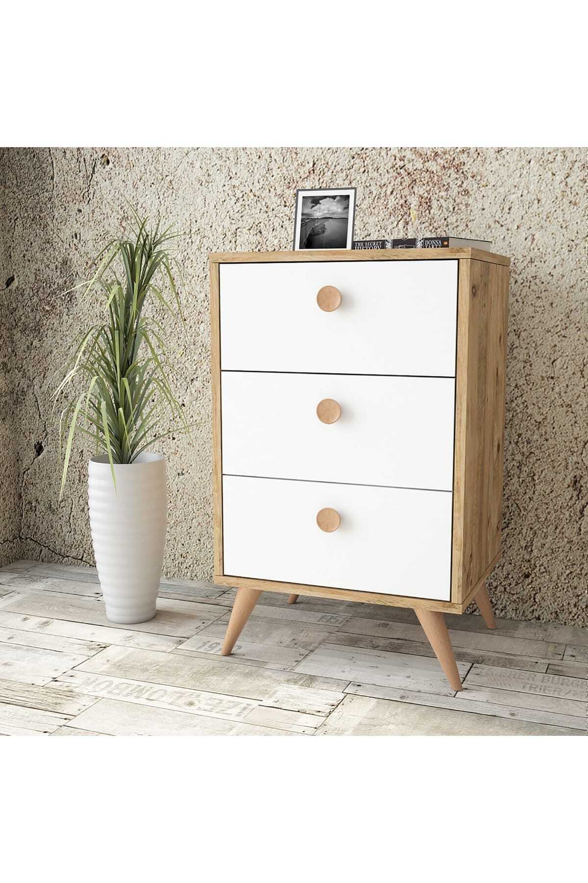 Yurudesign Vilamo Komodin Ahşap Ayak, 3Çekmece, Çam-Beyaz-Kayın VL68-211