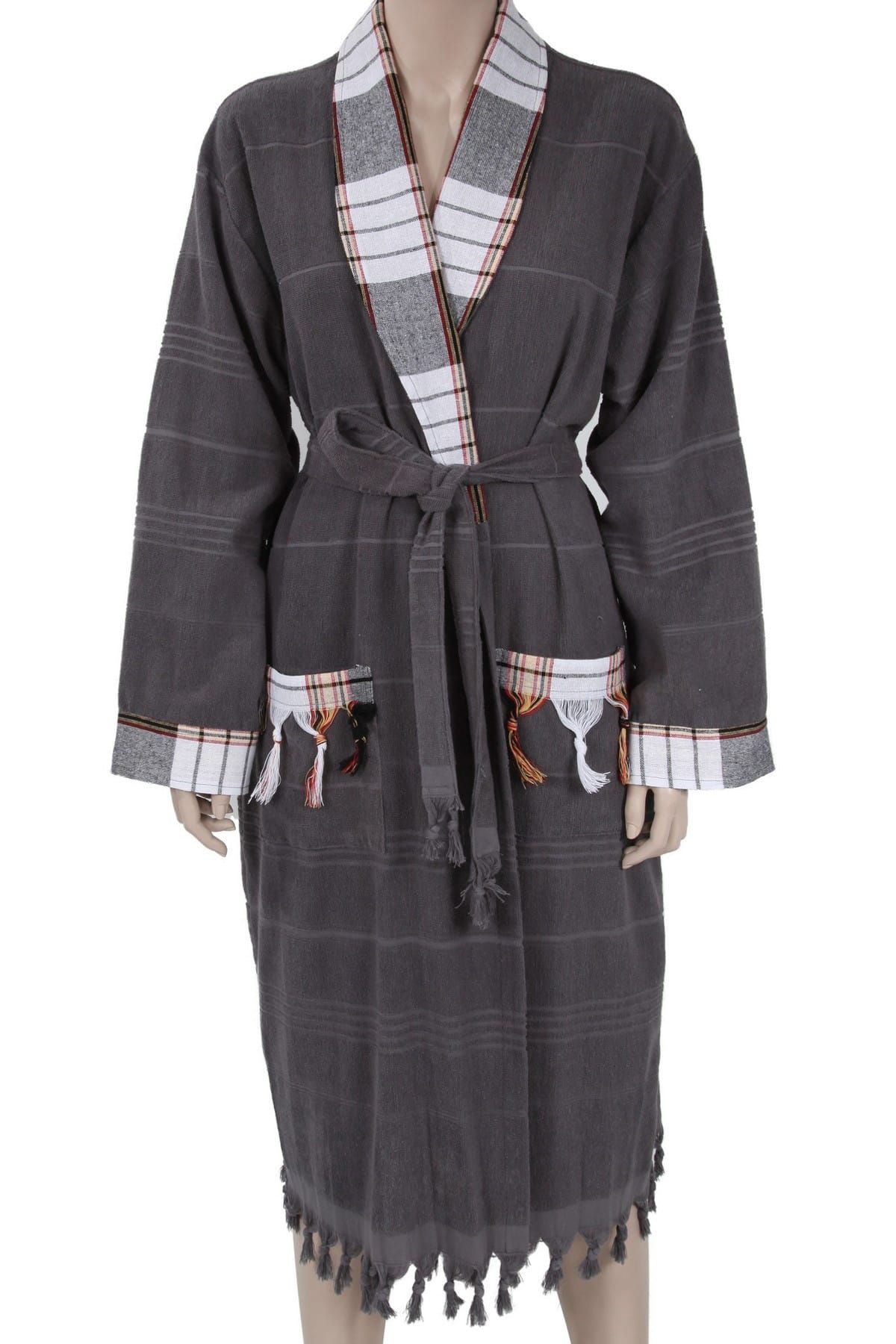 Bedinn Peştemal Havlu Bornoz Kimono Yaka Ekose Antrasit