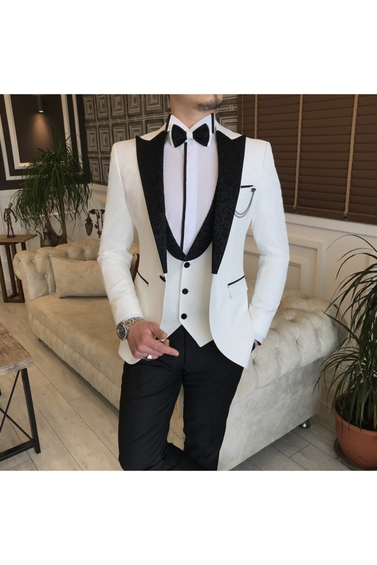 TerziAdemAltun Erkek Beyaz Italyan Kesim Ceket Yelek Pantolon Damatlık Set T5893