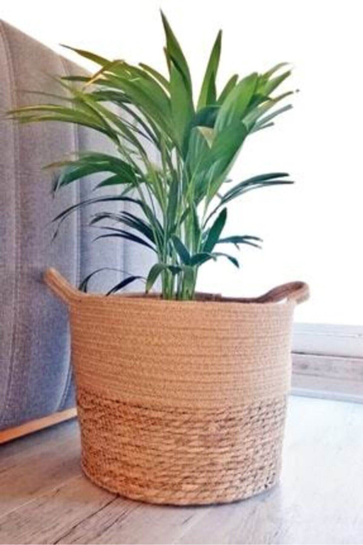 PANALI Naturel Hasır Saksı, Dekoratif Sepet Kulplu Orta Boy 30x28