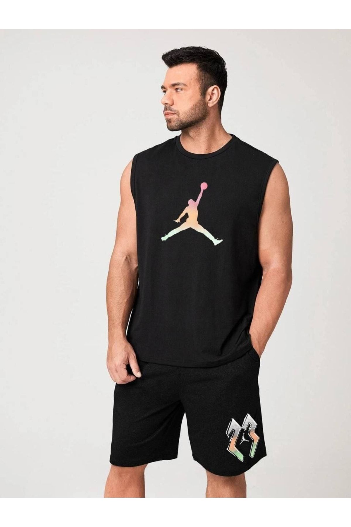 jordan 23 Back Printed Black Zero Sleeve Double Men s Shorts Set