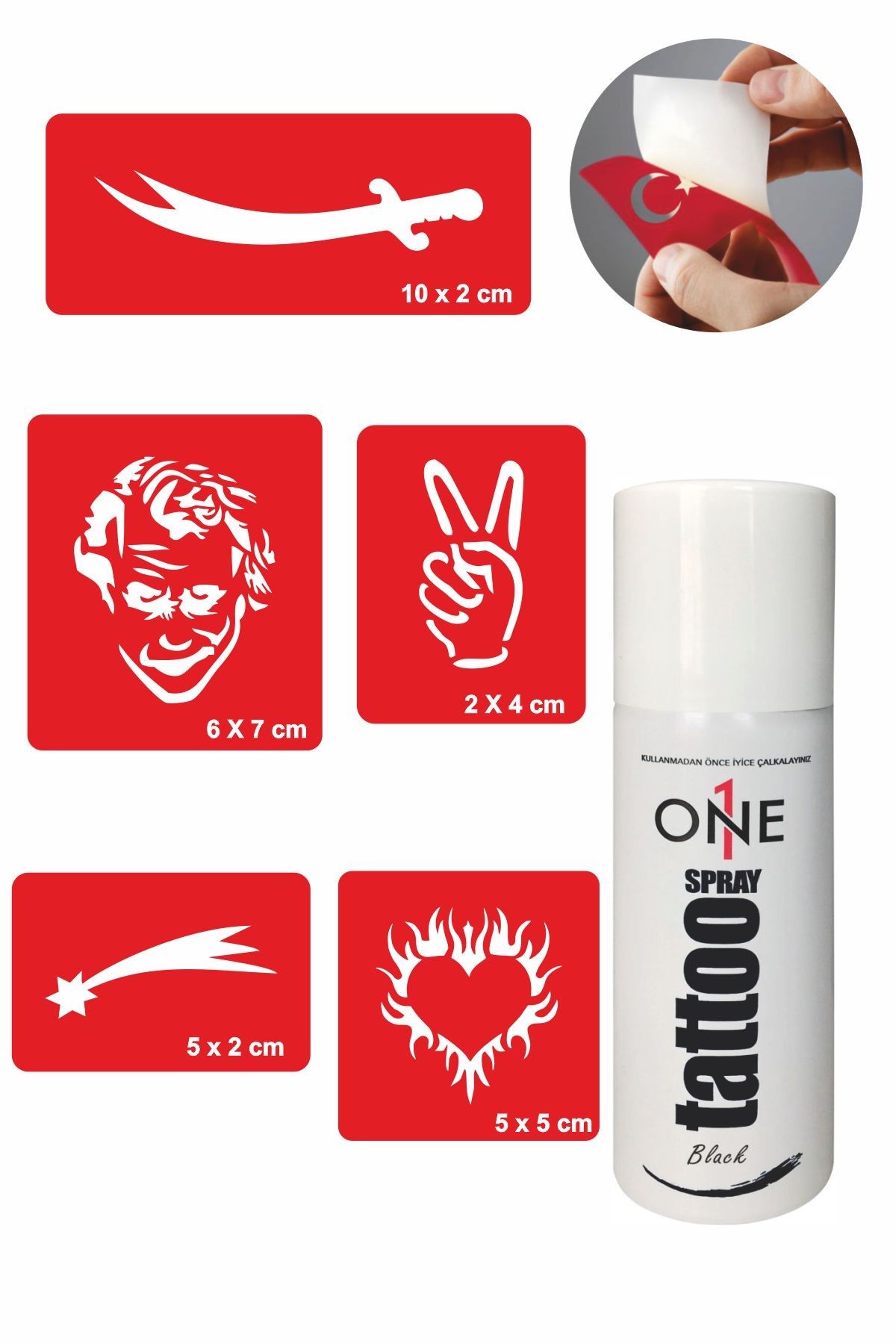 ONE SPRAY TATTOO Zafer Kılıcı Maske Tattoo Geçici Dövme Seti Siyah Sprey Ve 5 Desen