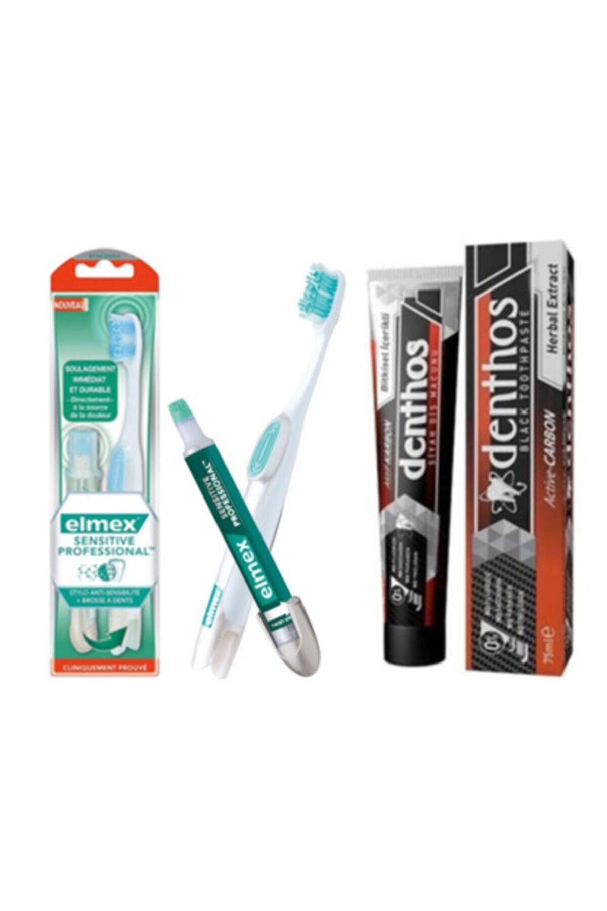 Elmex Diş Beyazlatıcı Diş Kalemi + Beyazlatıcı Fırçası + Denthos Bitkisel Siyah Diş Macunu 75 Ml