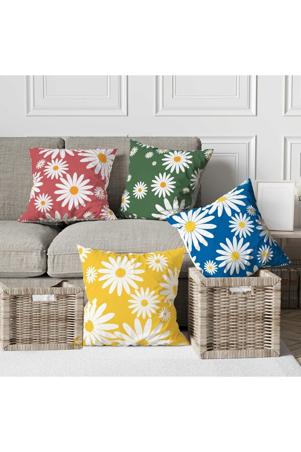Hayal Dekoratif Seasonal Daisy Patterned Set of 4 Digital Printed